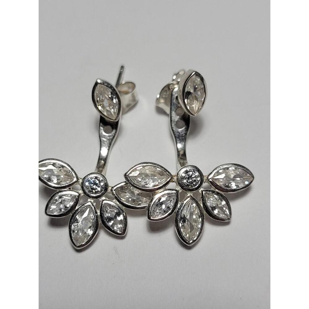 Signed RJ 925 Sterling Silver Clear CZ Cubic Zirconia Marquise Flower Dangle